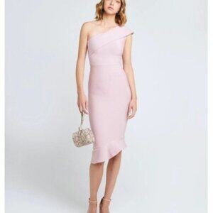 Few Moda Size L Pink One-Shoulder Asymmetrical Ruffle Hem Midi Dress Bodycon